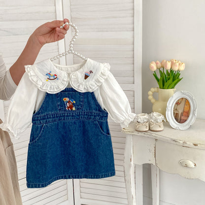 Llegada del otoño, conjunto de ropa con top de manga larga y vestido de tirantes de mezclilla con patrón de bordado de dibujos animados para niñas pequeñas 