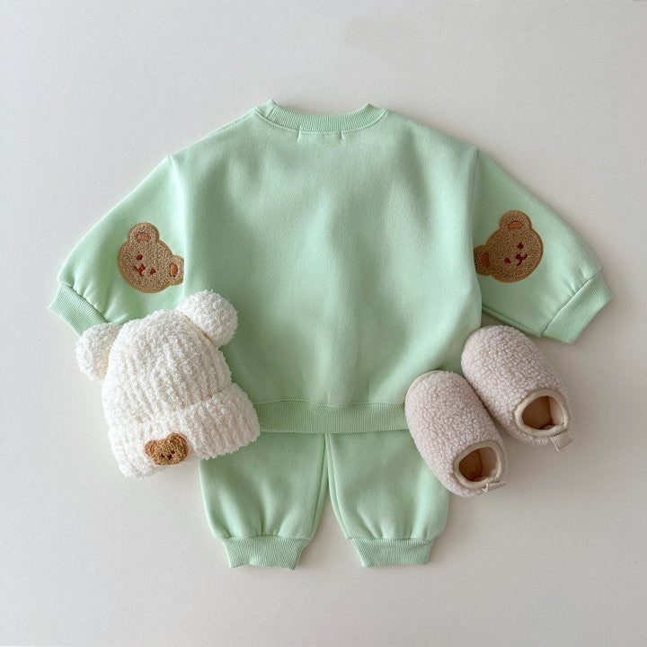 Conjunto de ropa unisex de otoño para bebés y niños, informal, con estampado de osito de peluche, de manga larga y pantalones 