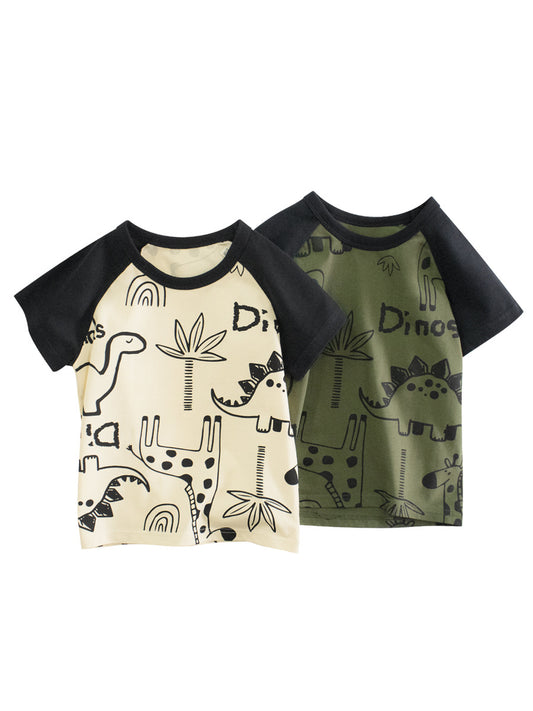 Boys’ Dinosaurs Cartoon and Letters Print T-shirt in European and American Style