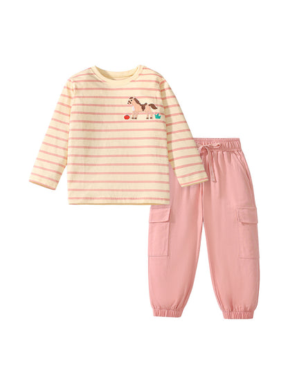 Arrival Spring And Autumn Girls Casual Horse Pattern Long Sleeves Top Striped T-Shirt And Pants  Clothing Set