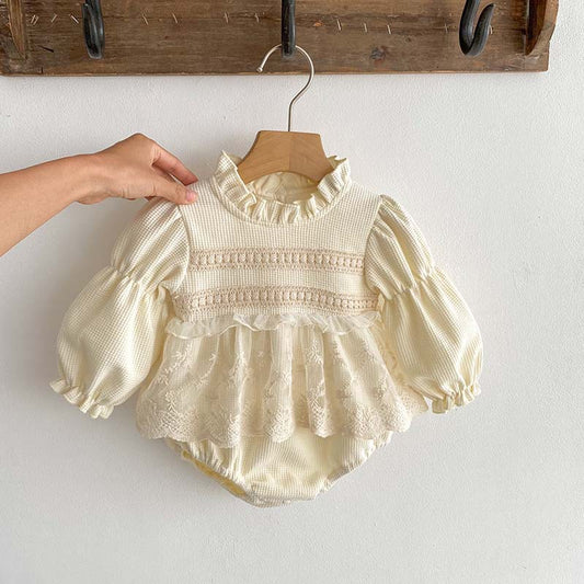 Baby Girls Long Sleeves Embroidery Lace Trim Onesie
