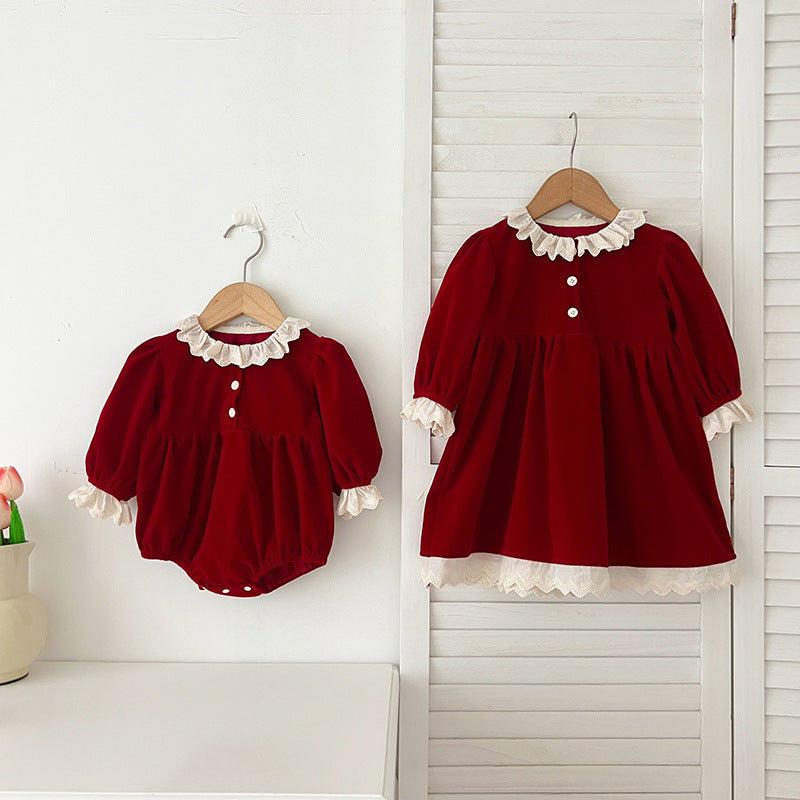 Conjunto de otoño para niñas pequeñas, con retazos de encaje y mangas largas, mono y vestido con un bonito cuello: conjunto a juego de princesa y hermana 