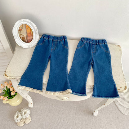 Pantalones vaqueros acampanados de mezclilla azul para niñas y bebés, informales, modernos, de otoño, recién llegados 