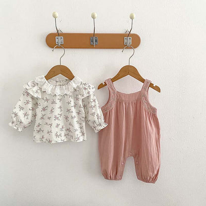 Arrival Autumn Baby Girls Floral Print Long Sleeves Top And Pink Strap Overalls Romper Clothing