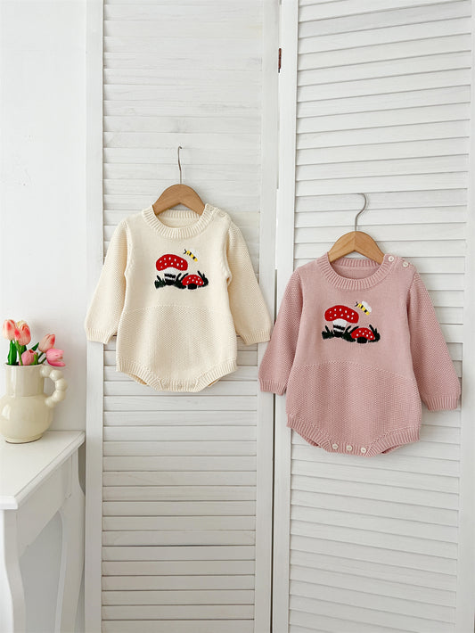 Autumn New Arrival Baby Girls Long Sleeves Mushrooms Embroidered Crew Neck Onesies