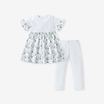 Summer Baby Kids Girls Floral Print Patchwork Dress And White Pants Clothing Set