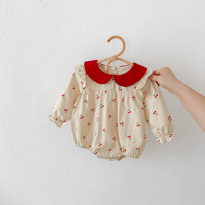 New Arrival Baby Cherry Printing Onesie For Girls With Peter Pan Collar