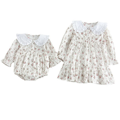 Spring Baby Girls French-style Floral Long-sleeved Onesies and Dress – Princess Sister Matching Set