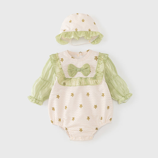 Autumn New Arrival Baby Girls Flowers Pattern Long Sleeves Lace Patchwork Onesies with Hat