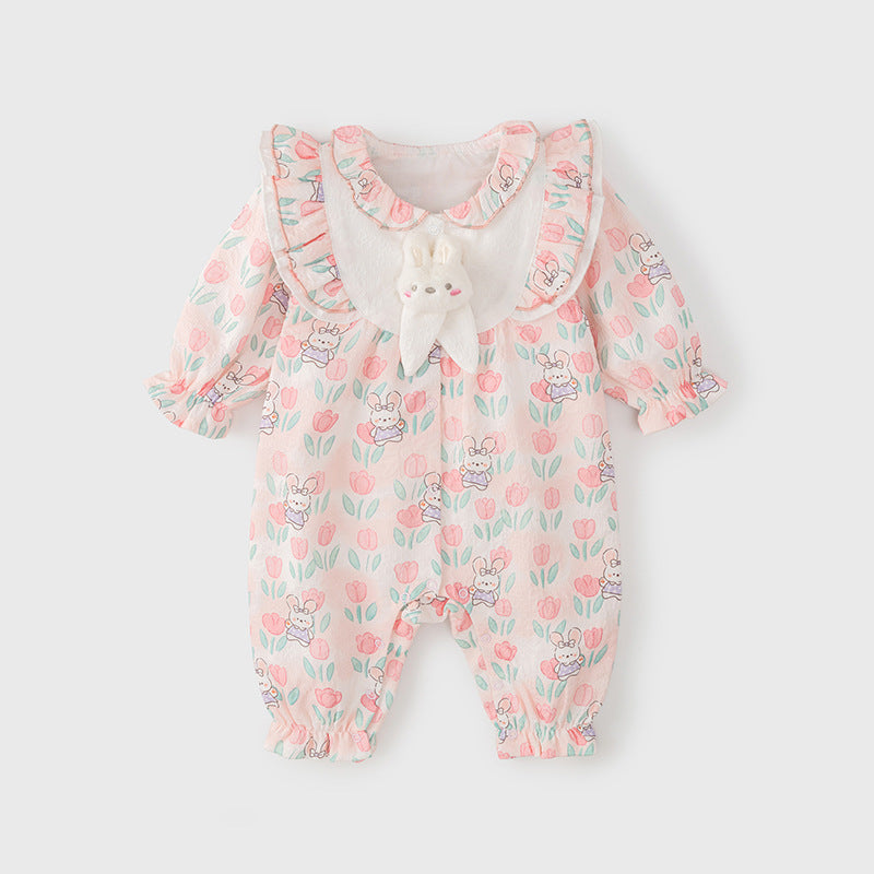 Autumn New Arrival Baby Girls Flowers and Rabbits Pattern Single Breasted Romper with Cute Collar