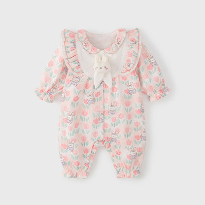 Autumn New Arrival Baby Girls Flowers and Rabbits Pattern Single Breasted Romper with Cute Collar