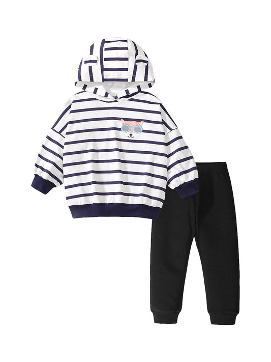 High Quality Spring And Autumn Girls Fox Logo Long Sleeves Top Striped Hoodie And Pants Clothing Set