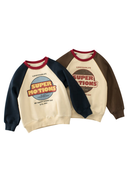 Autumn and Winter New Arrival Kids Boys Letters Print Crew Neck Long Sleeves Color Patchwork Sweatshirt