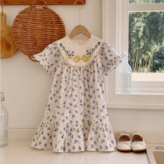 Summer Baby Kids Girls French Short Sleeves Floral Pattern Embroidered and Printed Dress