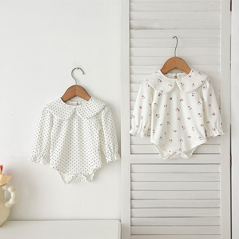 SpringArrival Baby Girls Long Sleeves Dots/Floral Pattern Peter Pan Collar White Onesies