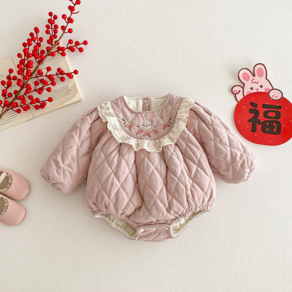 Winter Arrival Baby Girls Cute Rabbits Embroidered Pattern Warm Padded Thick Onesies