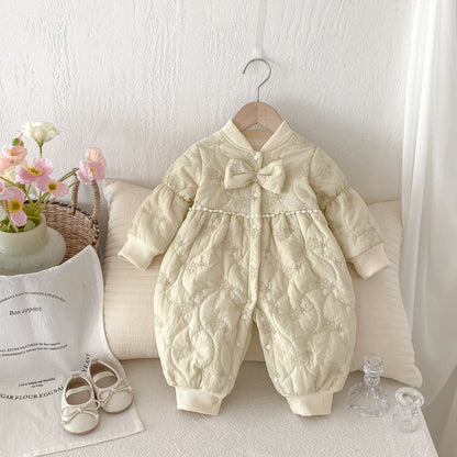 Winter New Arrival Baby Girls Simple Solid Color Floral Embroidered Pattern Warm Padded Thick Romper