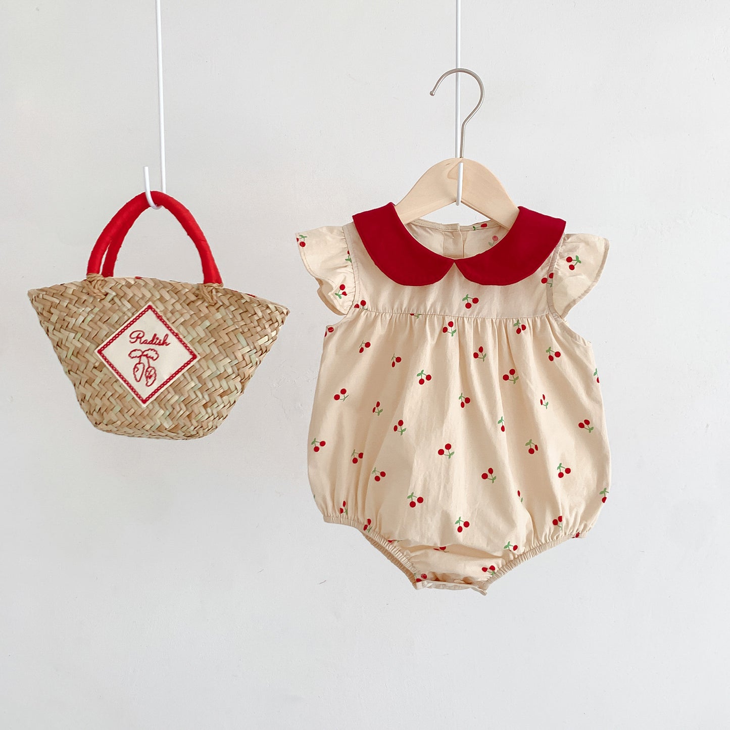 Summer Thin New Arrival Baby Girls Cherry Print Fly Sleeves Peter Pan Collar Onesies