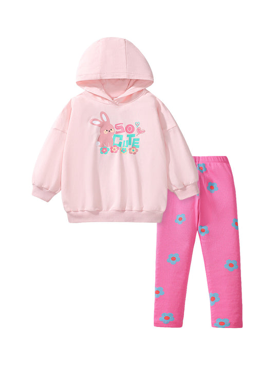 Spring And Autumn Girls Cute Cartoon Rabbit Pattern Long Sleeves Top Hoodies And Floral Pants Clothing Set