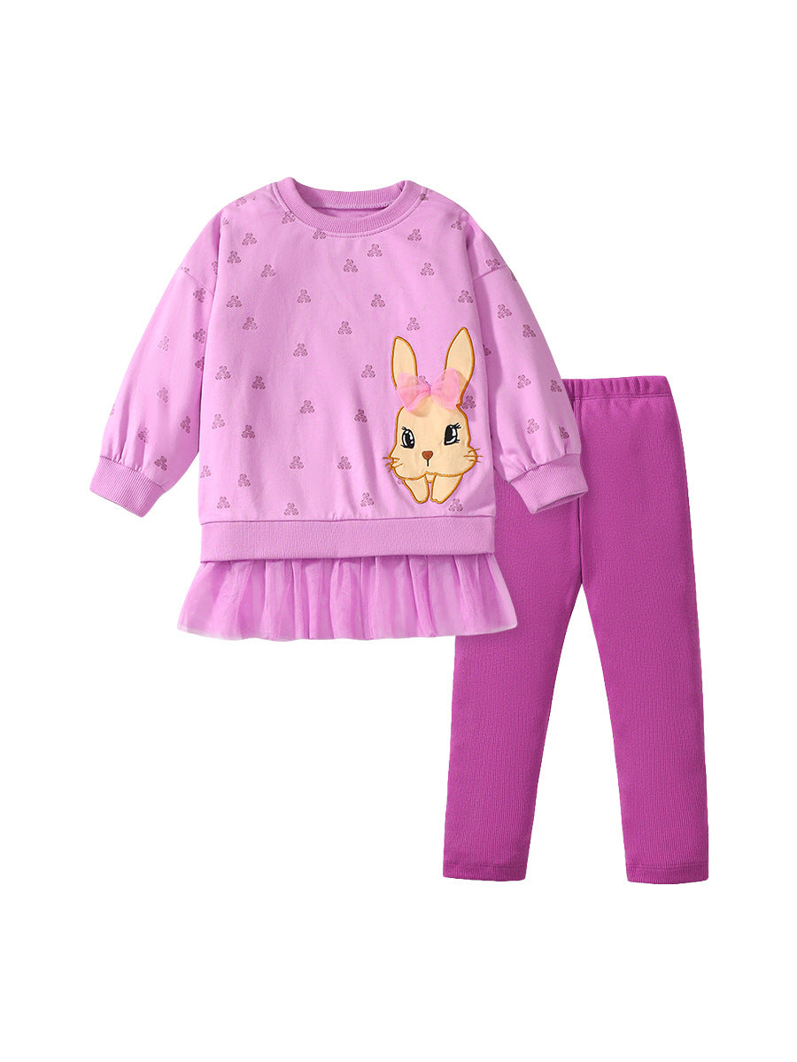 Spring And Autumn Girls Cute Cartoon Rabbit Pattern Long Sleeves Top Dress And Pants Clothing Set