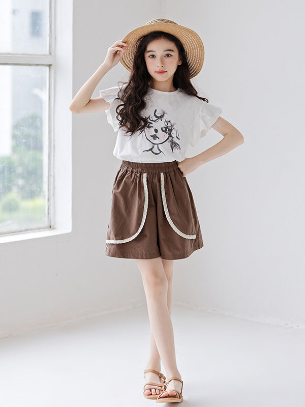 Summer Hot Selling Girls Cartoon Print Short Sleeves T-Shirt And Patchwork Style Shorts Clothing Set