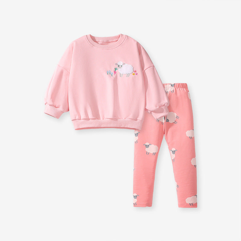 Conjunto de sudadera y pantalones de manga larga con estampado de dibujos animados de ovejas lindas para niñas de primavera y otoño 