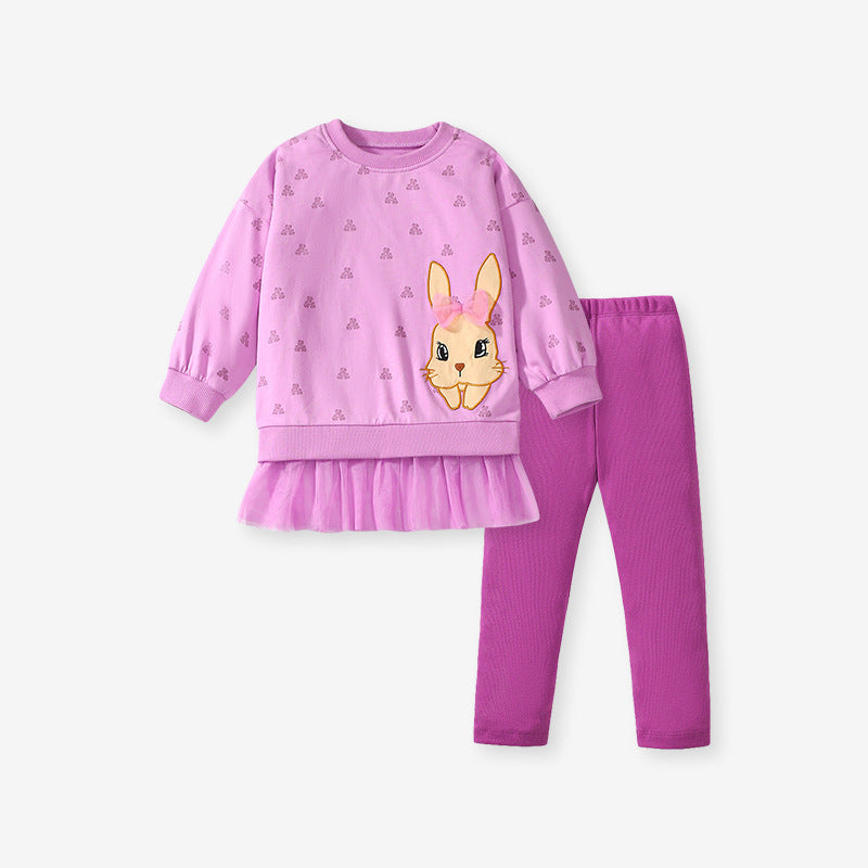 Spring And Autumn Girls Cute Cartoon Rabbit Pattern Long Sleeves Top Dress And Pants Clothing Set