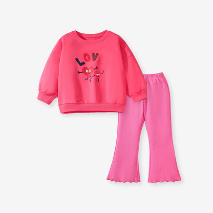 Spring And Autumn Girls Cute Cartoon Heart And Letters Pattern Long Sleeves Top Sweatshirt And Pants Clothing Set