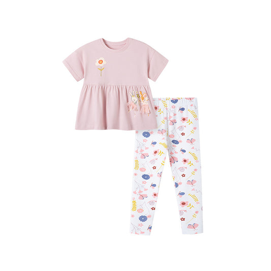 Summer Baby Kids Cartoon and Floral Pattern T-shirt and Pants 2-Piece Clothing Set for Girls