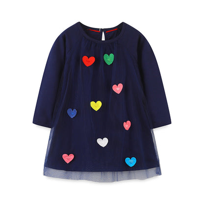 Nuevo vestido de princesa de manga larga para niñas, exquisito vestido de malla con forma de corazón y estrella para niñas