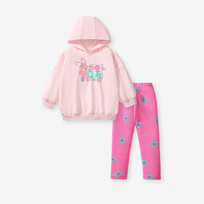 Conjunto de ropa con capucha y pantalones florales de manga larga con estampado de conejo de dibujos animados para niñas de primavera y otoño 