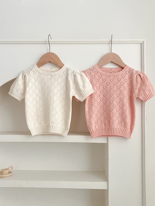 New Arrival Summer Baby Kids Girls Knit Hollow Out Heart Pattern Short Sleeves Top