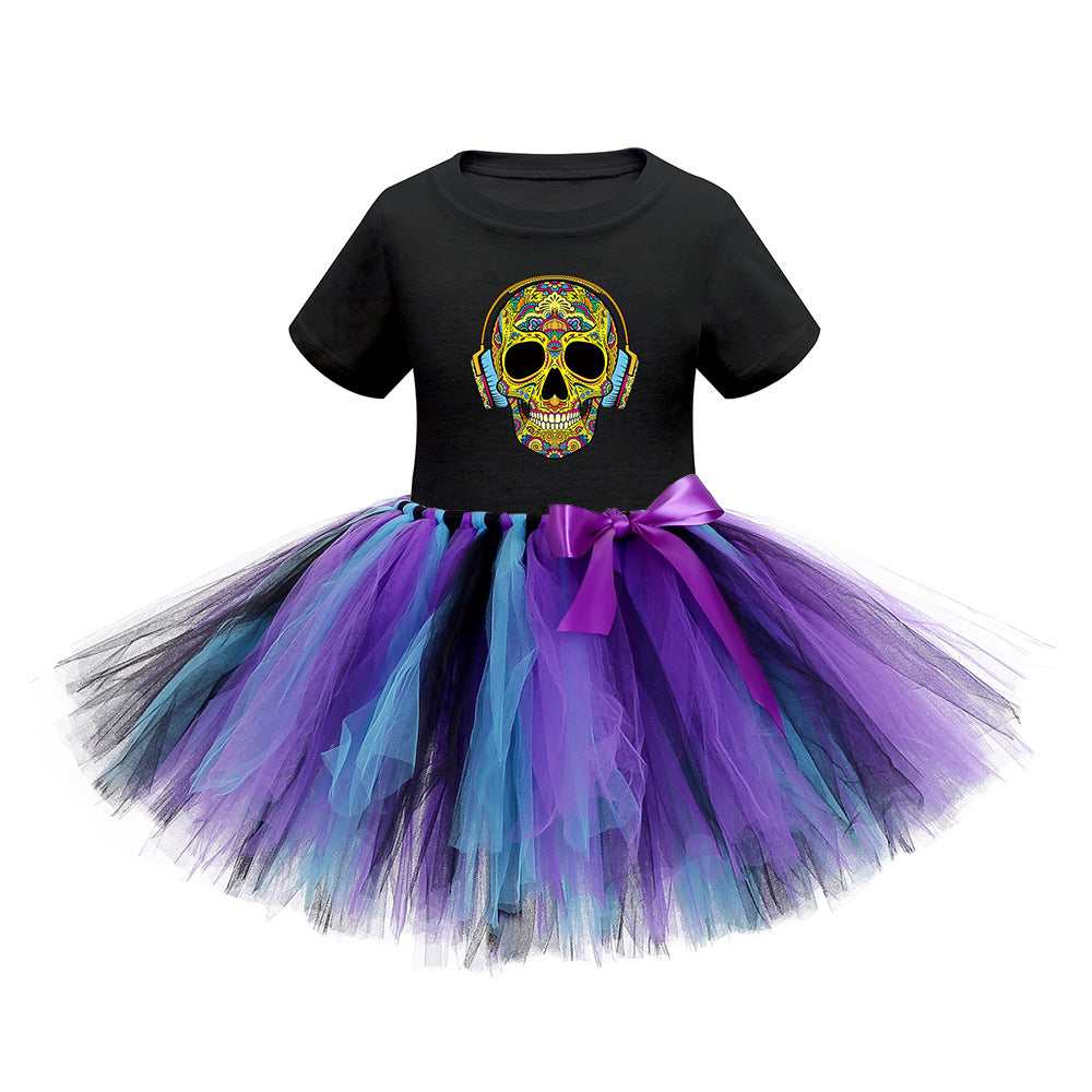 Disfraz de Halloween para niñas recién llegadas: vestido de tul con parches y estampado de dibujos animados de manga corta para fiesta de cosplay de brujas 