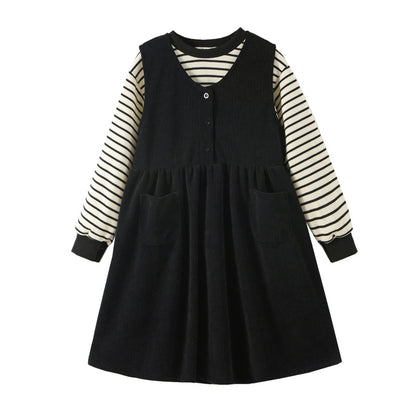 Girls Striped Pullover Tops Black Dress Sets