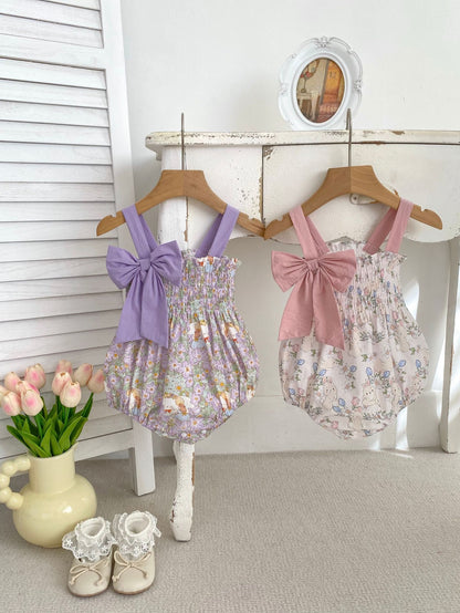 Summer Hot Selling Baby Girls Floral Cartoon Print Sleeveless Bows Strap Onesies