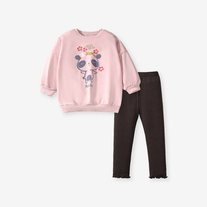 Spring And Autumn Girls Cartoon Panda And Flowers Long Sleeves Top Sweatshirt And Pants Clothing Set