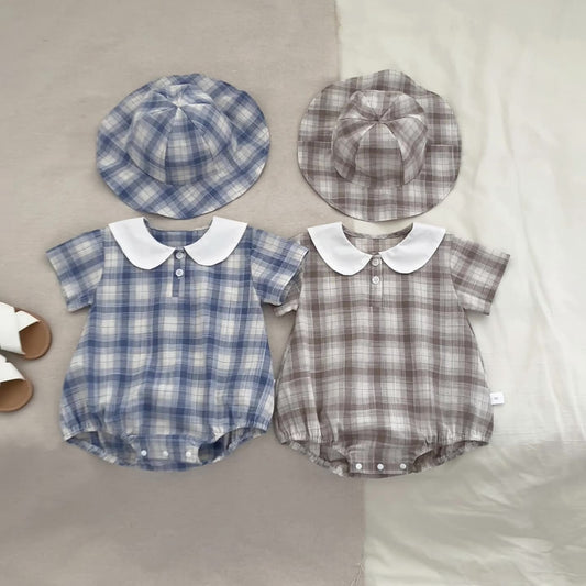 Summer Arrival Baby Boys Short Sleeves Thin Plaid Pattern Onesies