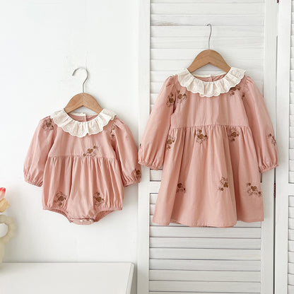 Spring Baby Girls Floral Embroidery Pattern Long-sleeved Onesies and Dress – Princess Sister Matching Set