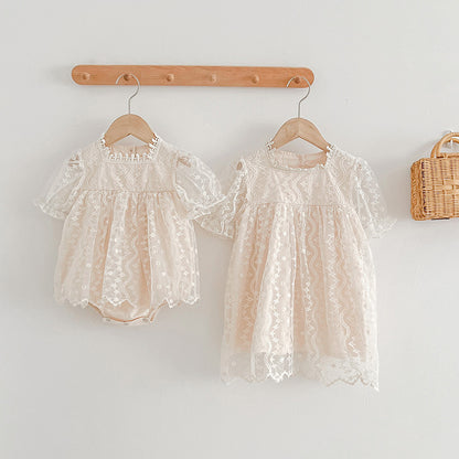 Summer Girls Lace Mesh Square Neck Onesies And Girls’ Dress – Princess Sister Matching Set