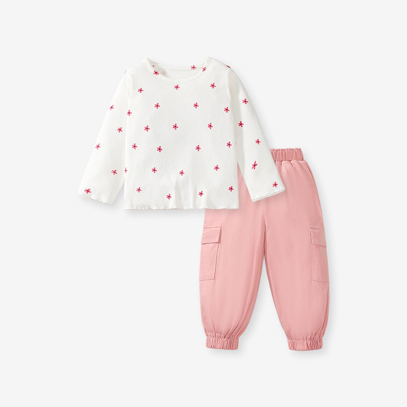 Spring And Autumn Girls Casual Simple Star Print Long Sleeves Top T-Shirt And Pants Clothing Set