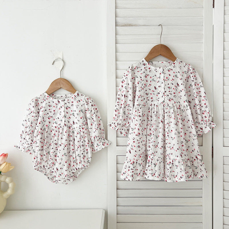 Spring Baby Girls French-style Floral Print Long-sleeved Onesies and Dress – Princess Sister Matching Set