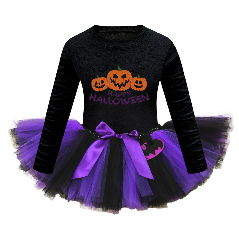 Arrival Girls’ Halloween Costume: Long Sleeves Cartoon Print Witches Cosplay Party Tulle Patchwork Dress