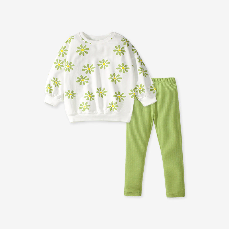 Spring And Autumn Girls Green Floral Print Long Sleeves Top Pullover And Pants Clothing Set