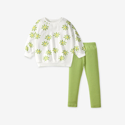 Spring And Autumn Girls Green Floral Print Long Sleeves Top Pullover And Pants Clothing Set