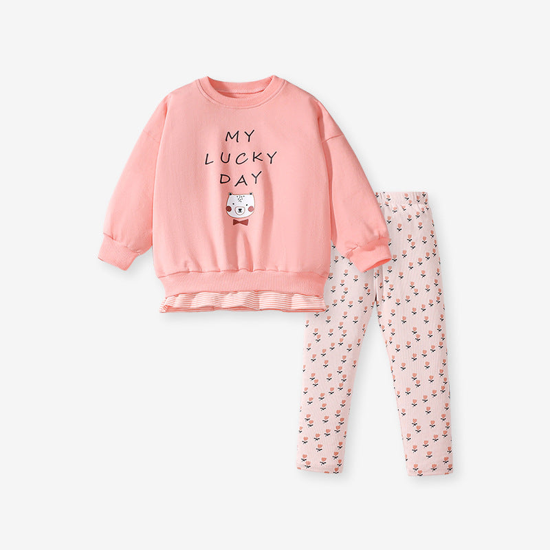 Spring And Autumn Girls Cute Cartoon Print Long Sleeves Top T-Shirt And Floral Pants Clothing Set