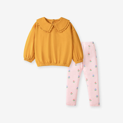 Spring And Autumn Girls Simple Solid Color Long Sleeves Preppy Collar Top Sweatshirt And Floral Pants Clothing Set