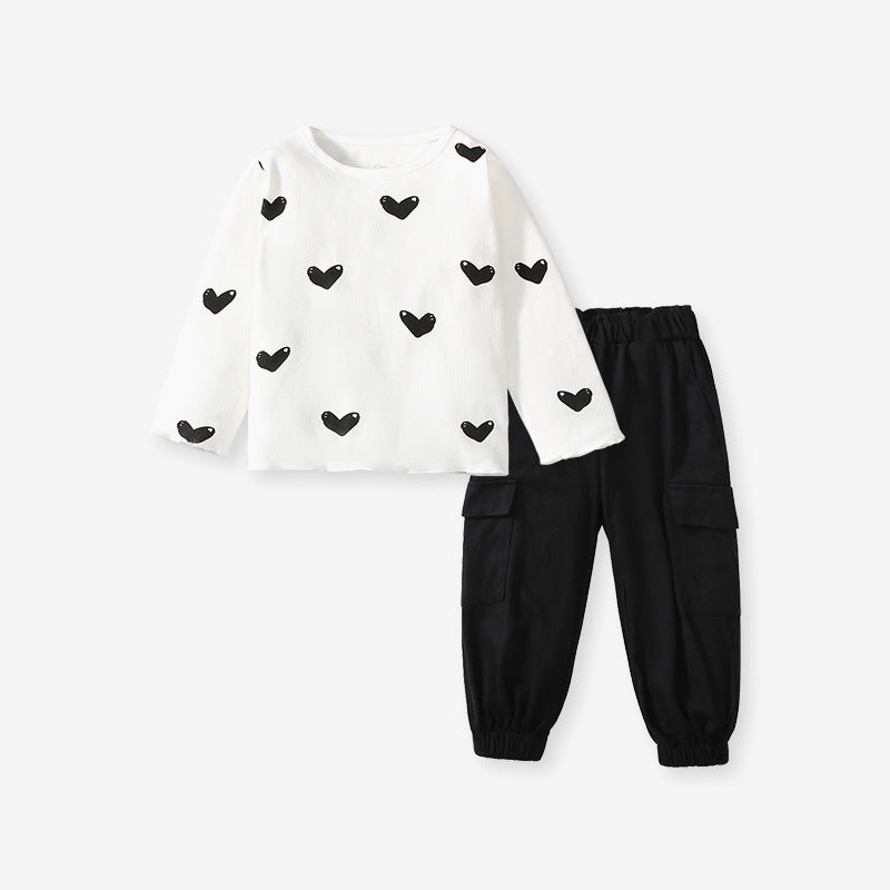 Arrival Spring And Autumn Girls Casual Black Heart Print Long Sleeves Top T-Shirt And Pants Clothing Set