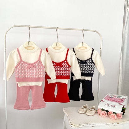 Arrival Autumn Baby Girls Long Sleeves Simple Color Patchwork Knitted Sweater and Solid Color Long Trousers – Clothing Set