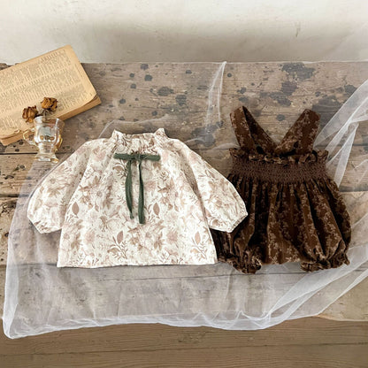 Arrival Autumn Baby Girls Vine Print Bow-Tied Long Sleeves Top And Vintage Strap Overalls Clothing Set