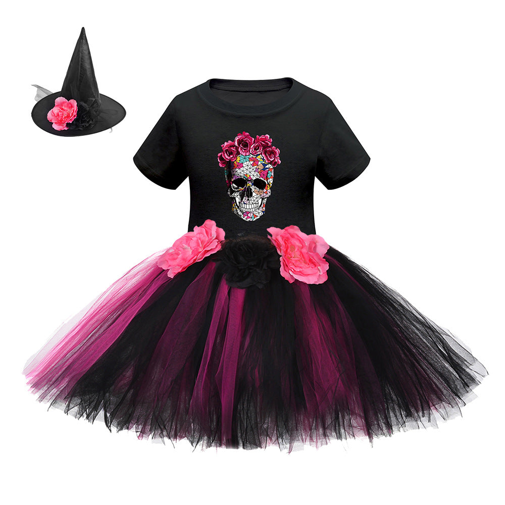 Arrival Girls’ Halloween Costume: Short Sleeves Cartoon Print Witches Cosplay Party Tulle Patchwork Dress with Hat Set